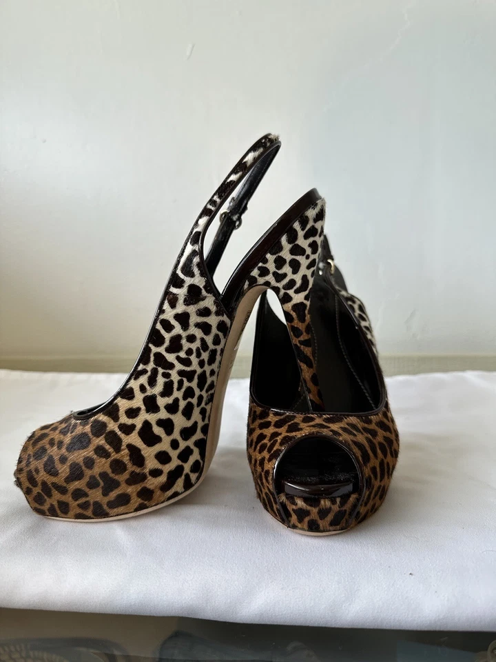 Gucci София платформе икры волос леопард печать с открытым носком слинга насосы размер 38 - Изображение 1 из 4