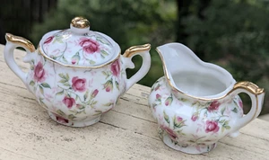 VTG LEFTON CHINA HAND PAINTED MINI CREAMER SUGAR PINK ROSE GILDED NE794R JAPAN - Picture 1 of 20