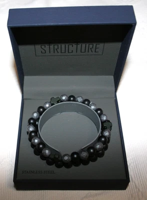 Черный и серый подлинный камень бисер 2 браслеты из нержавеющей стали эластичной крест подвеска - Изображение 1 из 2