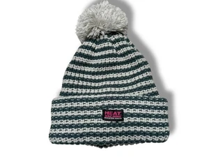 Heat Machine Striped Knit Beanie Hat Grey Green Pom Pom Fleece Lined Warm Winter - Picture 1 of 6