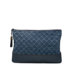 Authenticated Chanel Large Gabrielle O Case Clutch Blue Denim Fabric Bag - Picture 1 of 10