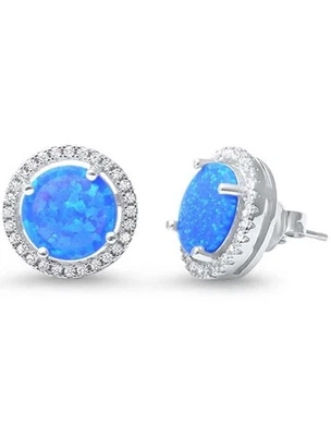 Pendientes de plata de ley con halo de ópalo azul creados en laboratorio Foto 1 de 3