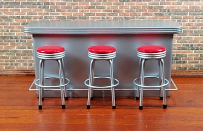 Dollhouse Retro Bar with 3 Red Stools 1950s Style 1:12 Scale Miniature Furniture - Image 1 of 4