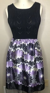 Tank Kleid Small Strick Top Satin Rock schwarz lila Blumen Stretch Fit & Flare - Bild 1 von 8
