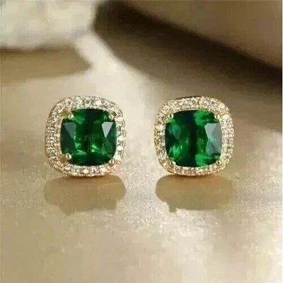 2Ct Cushion Cut Lab-Created Emerald Halo Stud Earrings 14K Yellow Gold Plated - Image 1 of 4