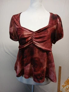 Rose Schößchen Top gerafft V-Ausschnitt Netz Y2K rot Blumen Medium Urlaub Bluse  - Bild 1 von 9