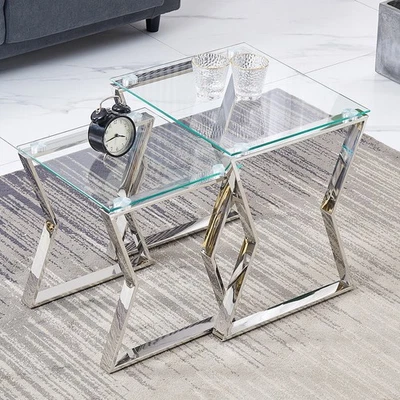 Set of 2 Silvery Nesting Coffee Table, Side Tables W/ Tempered Glass Top - Image 1 of 4