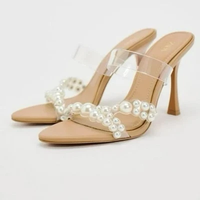ZARA Woman SS24 Vinyl And Pearl Heeled Sandals Beige Size US 9 EUR 40 2320/310 - Image 1 of 4