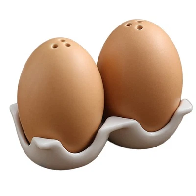 Ceramic Salt Set,  Brown Egg Shaped Shakers with Carton  Holding Stand F6S65192 - Image 1 of 4