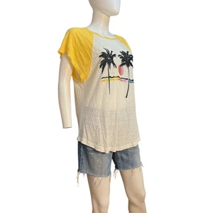 Camiseta Free People NUEVA CON ETIQUETAS Blanco Amarillo Mezcla de Lino Bordada Palmera L - Imagen 1 de 7