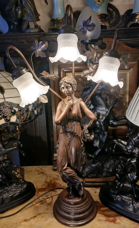 Large  Bronze Colour  Table Lamp Lady With 3 Ruffle Shades Art Nouveau Style - Image 1 of 4