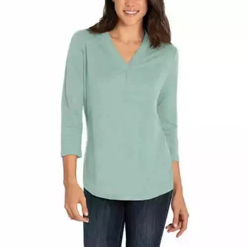 Orvis Womens Ether Green 3/4 Sleeve Shirt V-neck Size S Small
