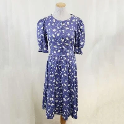 Vintage Laura Ashley floral dress blue rosebud print short puff sleeves size 8 - Image 1 of 4