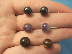 New 3 pair lot black purple brown round ball 8 mm gemstone post stud earrings - Picture 1 of 2