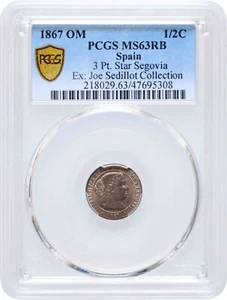 Spain 1/2 centimo 1867 OM, PCGS MS63 RB, "Queen Isabel II (1864 - 1869)" - Picture 1 of 4