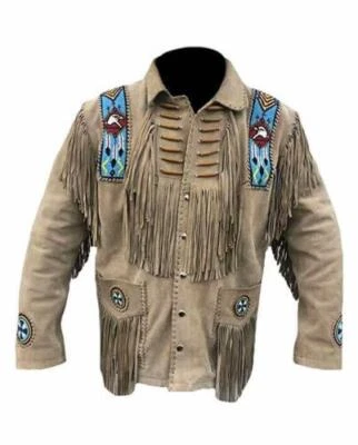 Men Native American Western Cowboy Leather Jacket Suede Fringe & Beaded - Beige - Image 1 of 4