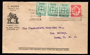 JAMAICA 1915 US ADVERTISING COVER DRUGGIST & GROCER KINGSTON TO DES MOINES IOWA - Picture 1 of 2