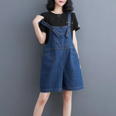 Damen Verstellbarer Gurt Shortalls Denim Kurz Overall Kurzer Sommer Lässig Blau - Bild 1 von 4