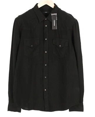 DIESEL S-East-Long-Lin MEN Shirt L Western Linen RRP€175 Spread Neck Black - Image 1 of 4