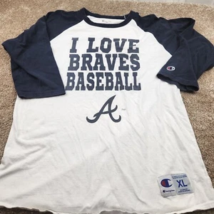 Vtg Champion Atlanta Braves 3/4 Sleeve Shirt Sz XL Love Baseball Flawed - Picture 1 of 8