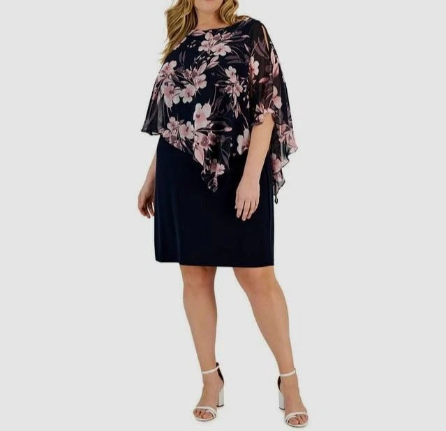 Connected Apparel Womens Blue Pink Chiffon Cape Overlay Dress Plus Size 18W