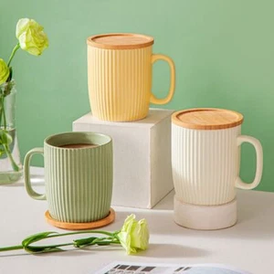 400ml Ceramic Mugs with Wood Lid Vertical Coffee Cup Home Office Water Cups - Picture 1 of 17