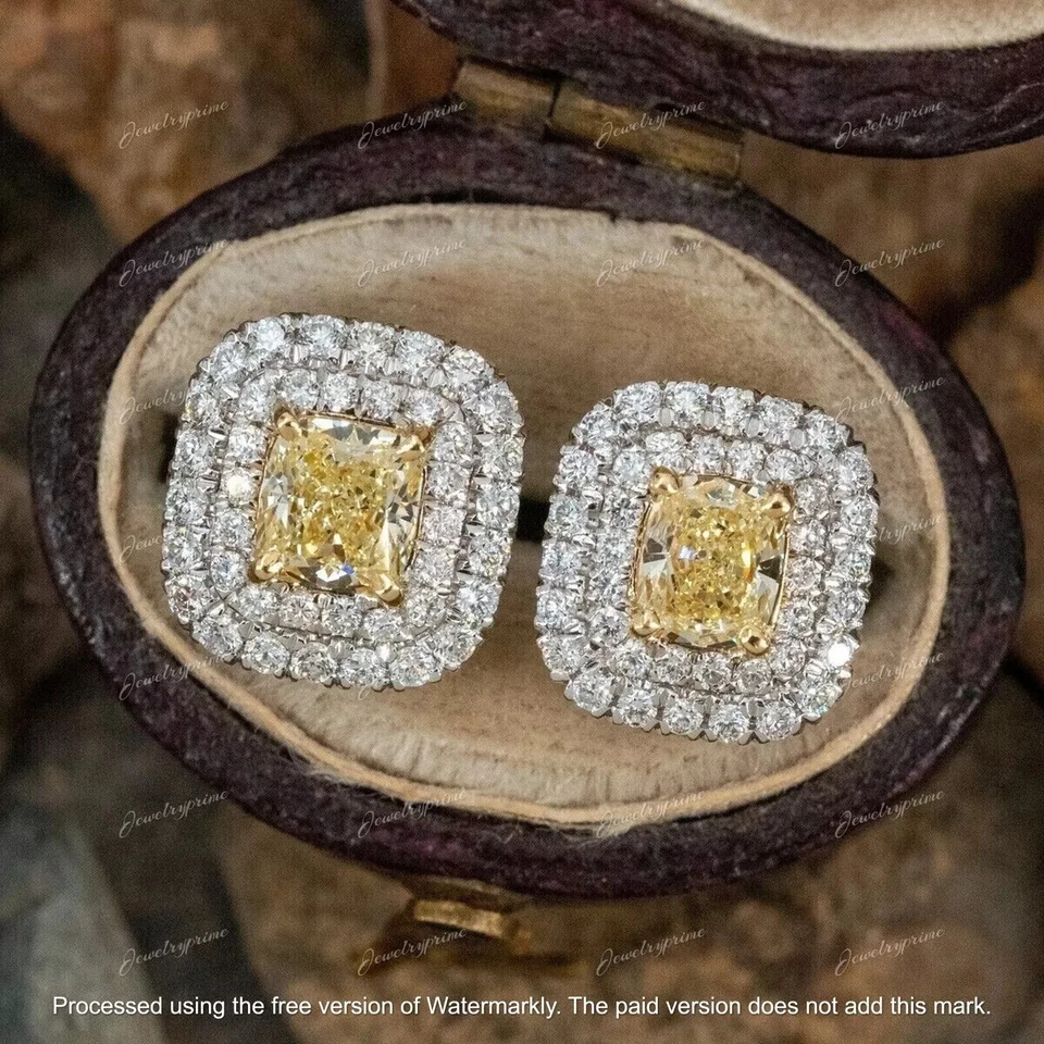 3Ct Cushion Cut Lab Created Yellow Diamond Stud Earrings 14K White Gold Finish - Image 1 of 3