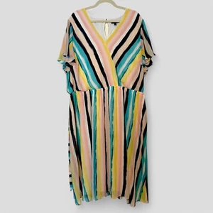 Lane Bryant V Neck Midi Dress Stripe Pink Blue Yellow Flowing Size 26 - Picture 1 of 4