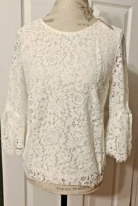 H&M LACE BELL SLEEVE BLOUSE TOP White Scalloped Edges 3/4 sleeve 4 8 10 UK 14 16 - Picture 1 of 6