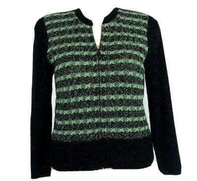 Cárdigan Suéter San Remo MED Negro Verde Acanalado Largo Sl Cremallera Chaqueta De Colección Foto 1 de 4