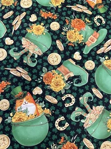 ST PATRICK'S DAY POTS OF GOLD ST PAT’S CATS LEPRECHAUN HATS COTTON Fabric HY - Picture 1 of 6