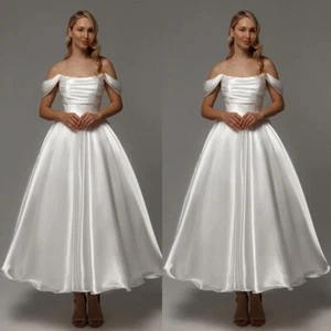 Elegant Silk Satin Wedding Dresses Off Shoulder Tea Length Church Bridal Gowns - Picture 1 of 9