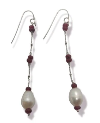 ORECCHINI ARGENTO 925 CON RUBINO ROSSO SFACCETTATO E PERLA BIANCA BAROCCA - Immagine 1 di 4