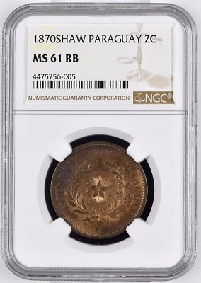1870 Paraguay 2 Centésimos Shaw MS61 RB - Image 1 of 2