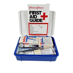 Vintage 1990 Johnson and Johnson First Aid Kit Blue & White Plastic Box READ! - Picture 1 of 20