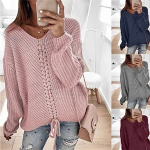 Long sleeved loose V-neck drawstring backless pullover sweater - Picture 1 of 22