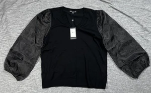 Adrianna Papell Pullover Damen Large schwarz V-Ausschnitt transparent Puffärmel 3/4 Oberteil - Bild 1 von 8