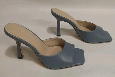 Slide Square Open Toe Sandals Blue Leather Stiletto Heels  90s  Size 6 - Image 1 of 4