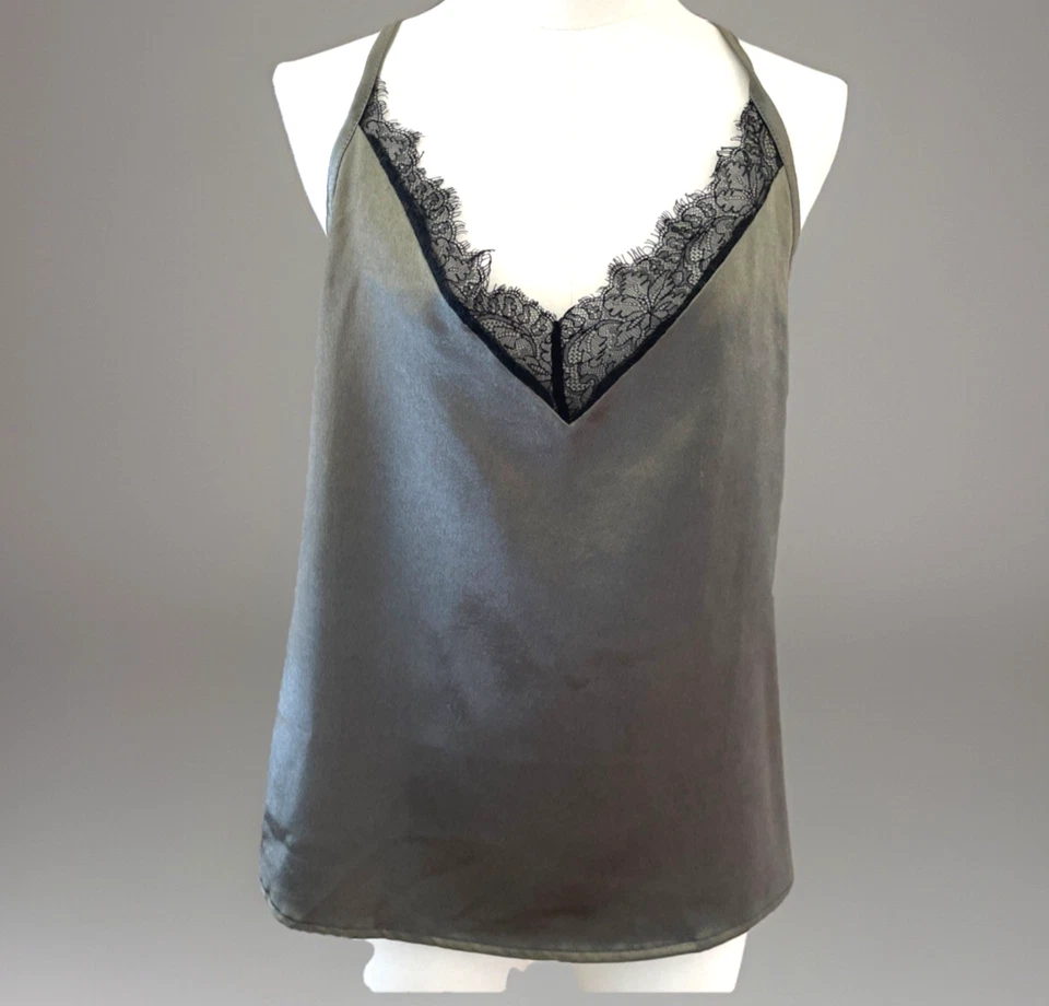 Y2K Satin Cami Tank Top Women's M Olive with Black Lace Trim Whimsigoth Vamp - Image 1 of 4