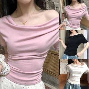 Women Summer Off Shoulder Pleated Short Sleeve T Shirt for Casual Wear - Picture 1 of 36