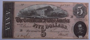 1864 $5 Confederate States of America T-69 Unc Nice - Picture 1 of 2