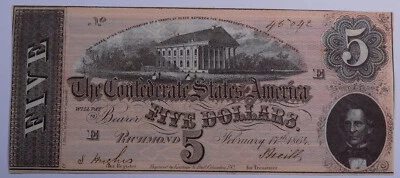 1864 $5 Confederate States of America T-69 Unc Nice - Image 1 of 2