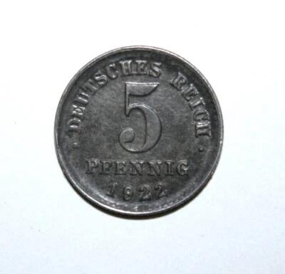 S2 - Germany 5 Pfennig 1922-G Brilliant Unc. Iron Coin - Imperial Eagle *** Nice - Image 1 of 2