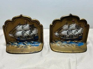 One Set of Spanish Galleon Sailing Ship Cast Bronze Copper Art Painted Bookends - Picture 1 of 5