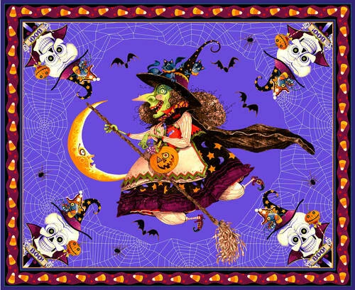 Halloween Witch Fabric Witchful Thinking Skull Cat Bat Cotton by Blank 35" Panel - Image 1 of 1