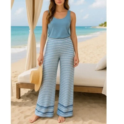 Calça lounge Cabana Life perna larga azul branca estampa geométrica leve média - Imagem 1 de 4