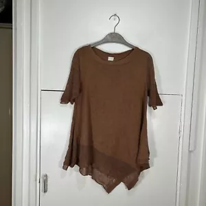 Top de poesía 100 % lino marrón tejido ganchillo asimétrico para mujer UK 10 US 6 DE 36 - Imagen 1 de 7