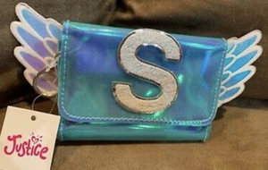 JUSTICE BAG CHARM ANGEL WALLET INITIAL “S” IRIDESCENT AQUA SHIMMER SUPER CUTE! - Picture 1 of 3
