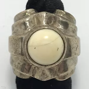 Vintage USA  Sterling Silver  &  Round Cream Marbled Color Stone Ring  sz 6 - Picture 1 of 15