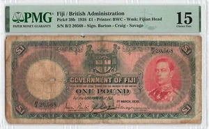 FIJI 1 Pound 1938, P-39b, PMG 15 Fine, Rare 2nd Date, Original (Internal Split) - Picture 1 of 2